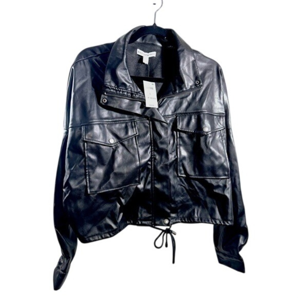 And Now This Faux Leather Moto Jacket Black Cropped Drawstring Large NWT